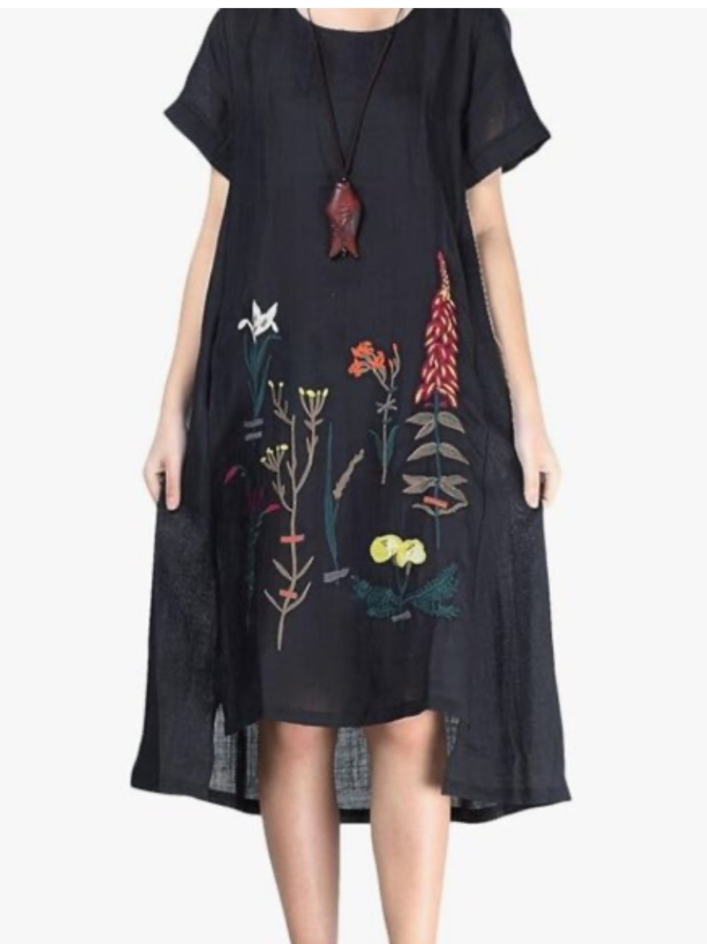 Minibee Black Linen Dress with Floral Embroidery XL
